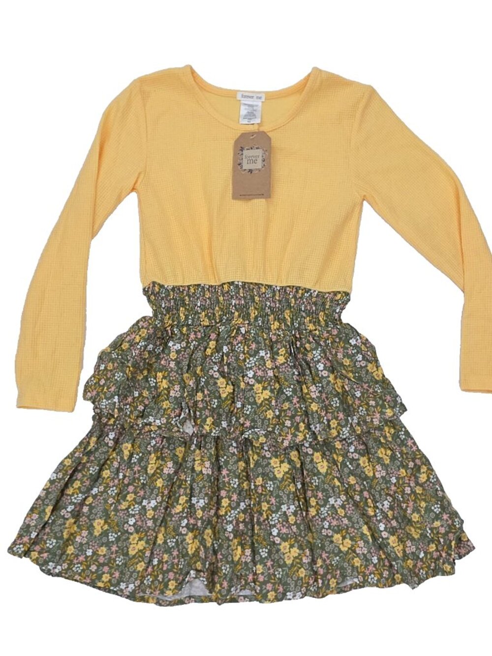 Forever Me Dress Girls 10 Yellow Layered Smocked Waist Waffle Long Sleeve Floral